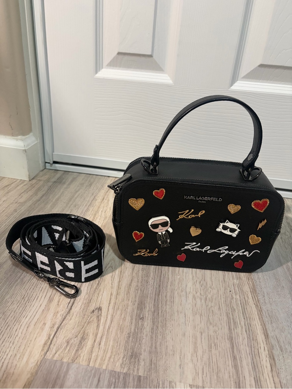 Karl Lagerfeld Black Mini Top-Handle Bag with Heart and Character Patches - Picture 6 of 10